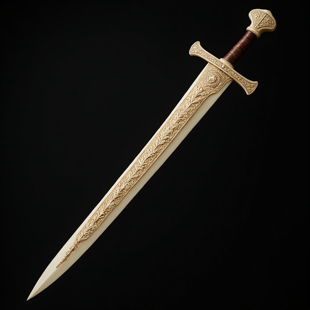 The image displays a longsword made out of bone, showcasing intricate carvings along its blade. The hilt is elegantly wrapped in leather for a comfortable grip. The ornate design suggests a fantasy origin, appealing to enthusiasts of mythology and medieval themes. The sword’s craftsmanship hints at a high level of artistry, making it an ideal prop for cosplays or historical reenactments. The contrasting colors of the bone and the hilt draw the viewer's attention to the sword's detailed features.