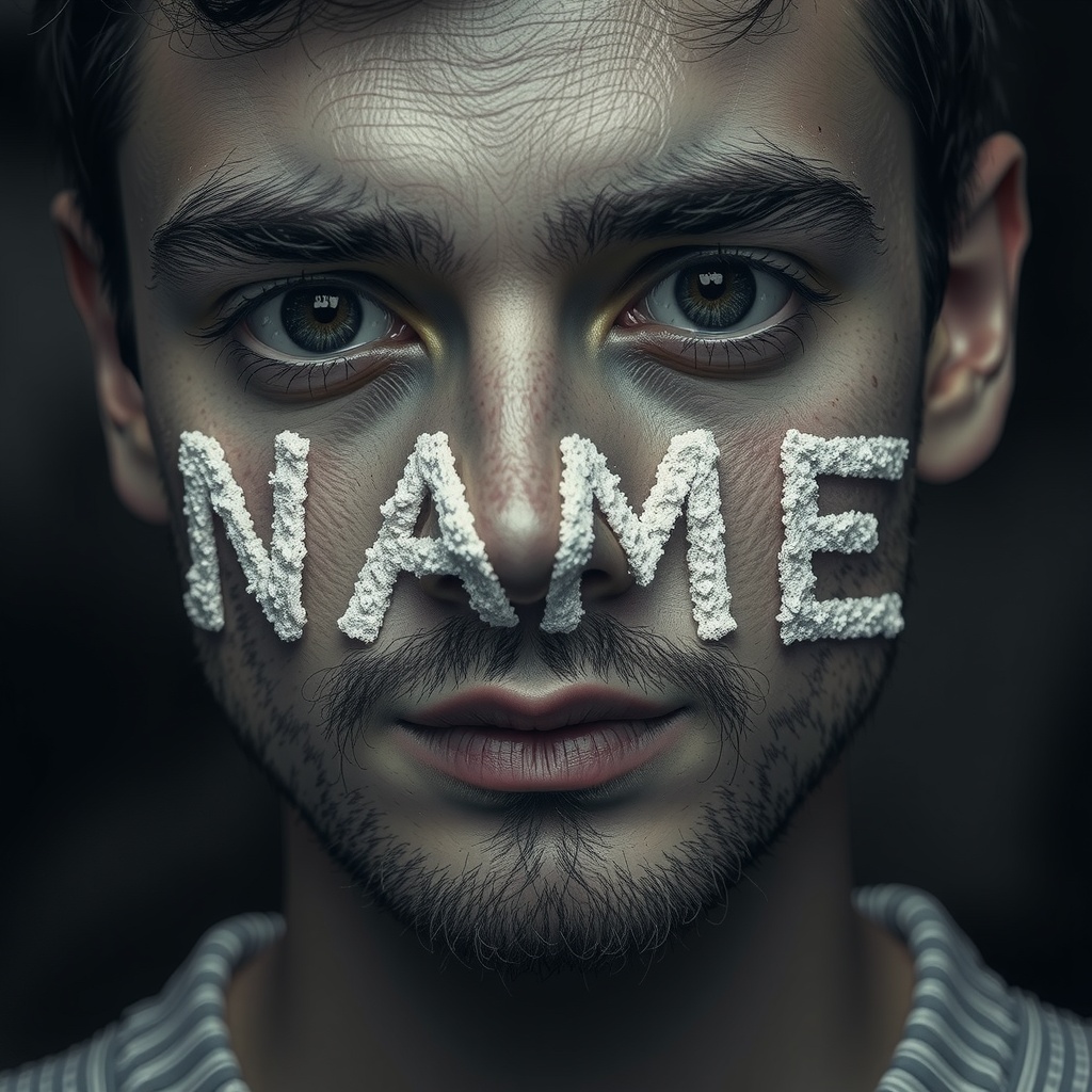 A close-up portrait of a person with textured letters spelling "NAME" across their face, evoking thoughts on identity.