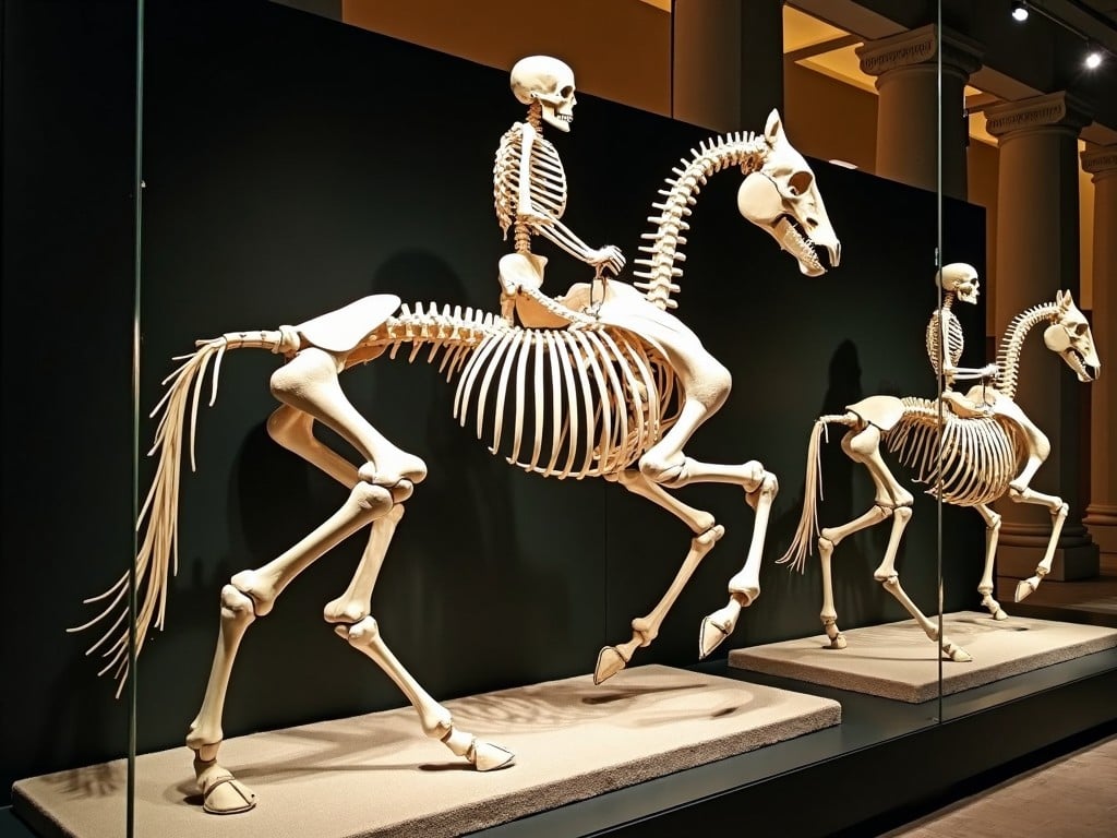 A museum exhibit displaying skeletons of humans riding horses, with a dark background and distinct shadows.