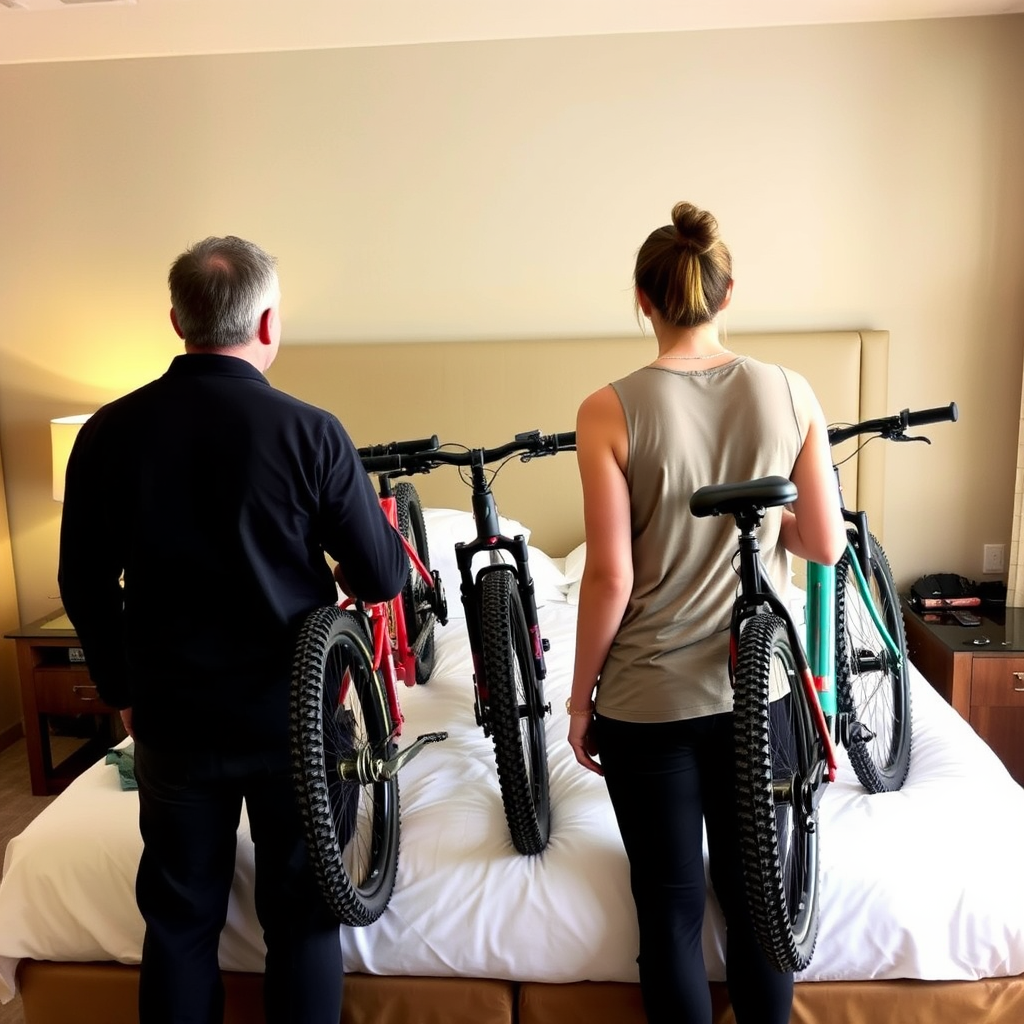 The image shows two people standing in a hotel room, facing away from the camera. They have bicycles placed on the bed in front of them. The room has a contemporary design with a large, comfortable-looking bed covered with white linens. A bedside table with a lamp and some personal items is visible on the left. The person on the left is wearing a dark outfit, while the one on the right is wearing a sleeveless top and black pants, with their hair tied in a bun. The room has a neutral color scheme, with beige walls and wooden furniture.