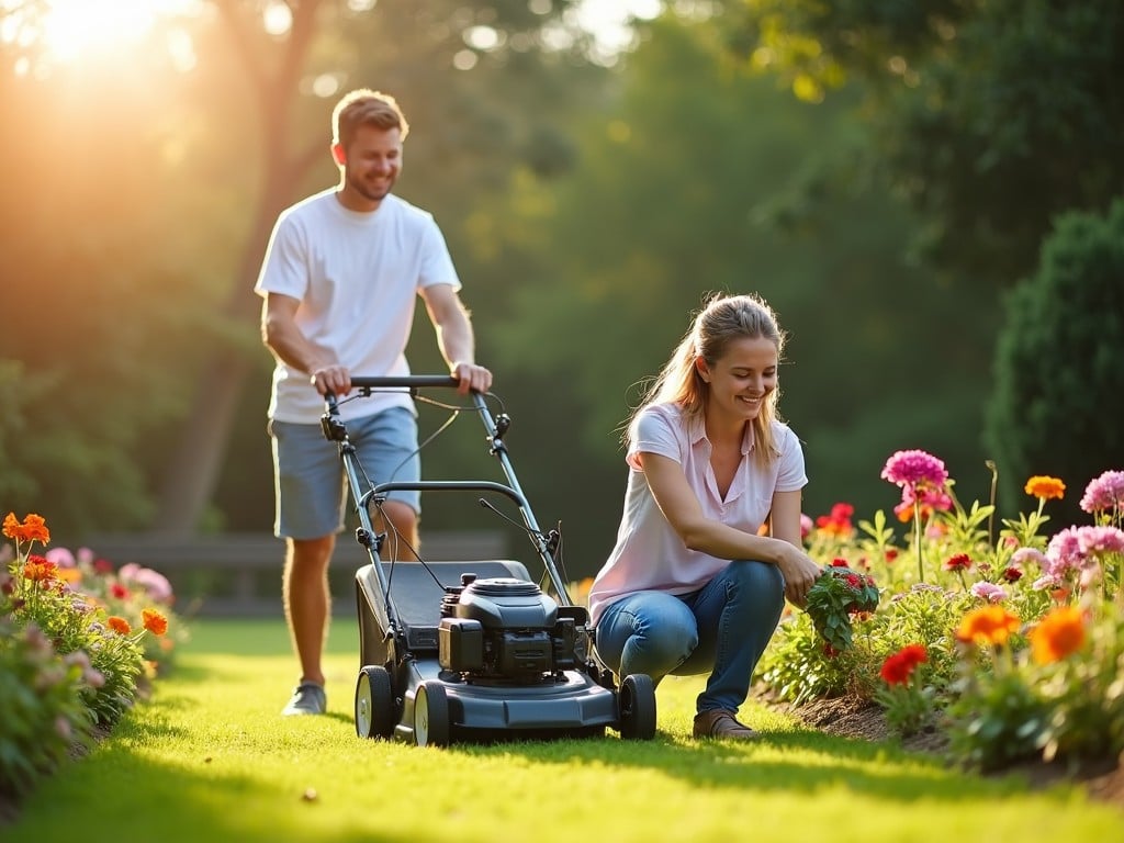 A young man is mowing the lawn while a female friend is tending to the flowers in a vibrant garden. They are both enjoying the pleasant weather and beautiful surroundings. The sun is shining brightly, creating a warm atmosphere. The garden is filled with colorful flowers, showcasing their hard work. It is a perfect day for gardening and spending time outdoors while maintaining the yard.