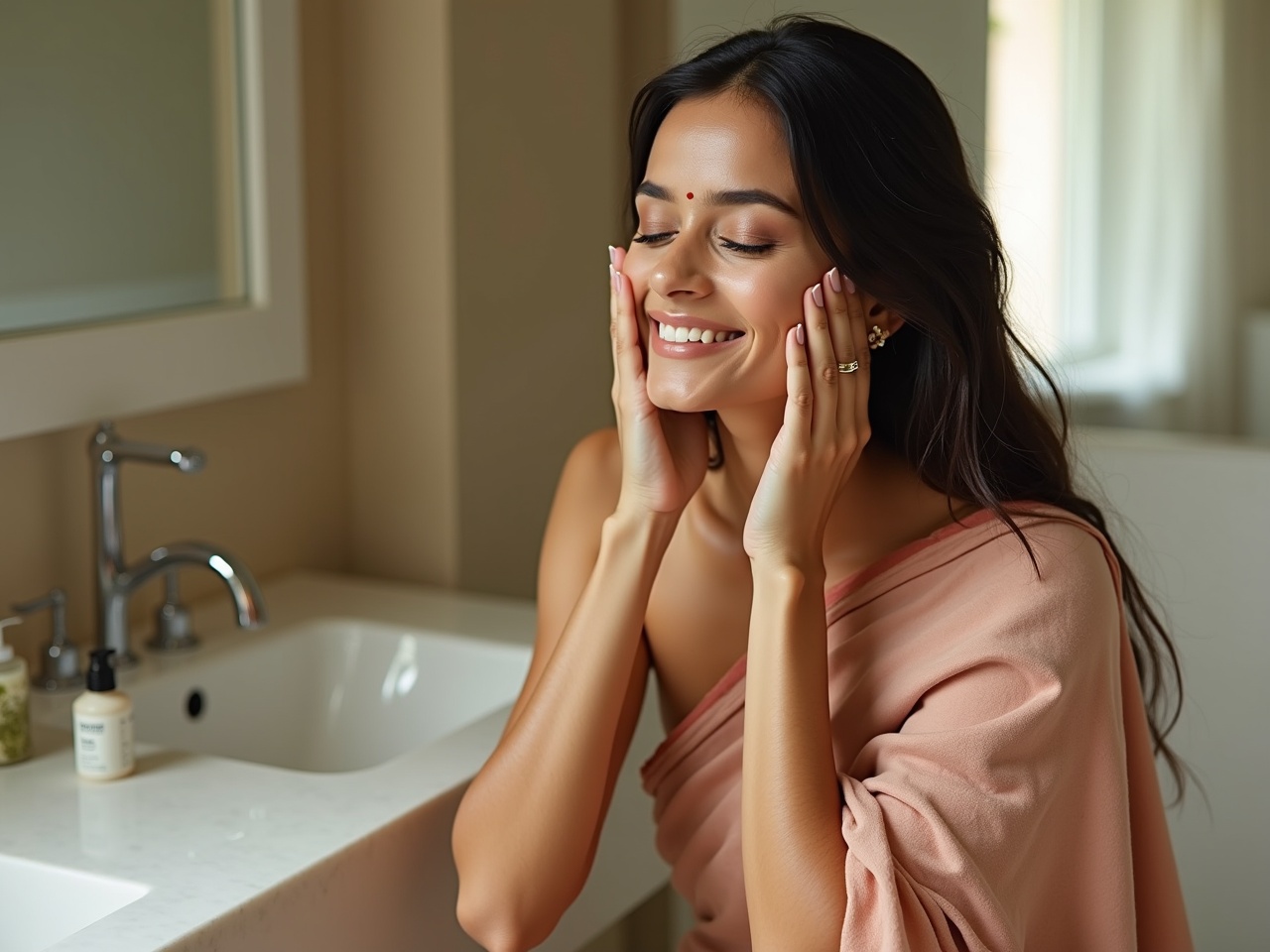 A stunning Indian woman with long dark hair is seen in a minimalist bathroom, elegantly wearing a beautiful saree. She gently washes her face with natural products, showcasing a serene expression. The soft and natural lighting highlights her delicate features and the calming atmosphere of the setting. The minimalist design of the bathroom complements her natural beauty, creating a harmonious scene that emphasizes wellness and self-care. This moment captures the essence of beauty and tranquility in a modern lifestyle.