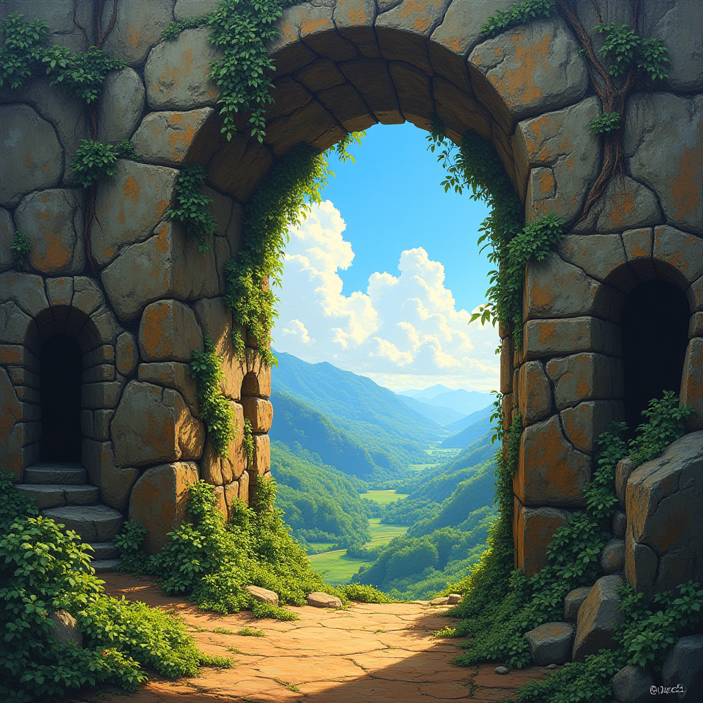 A stone archway with vines offers a view of rolling green hills under a bright blue sky.