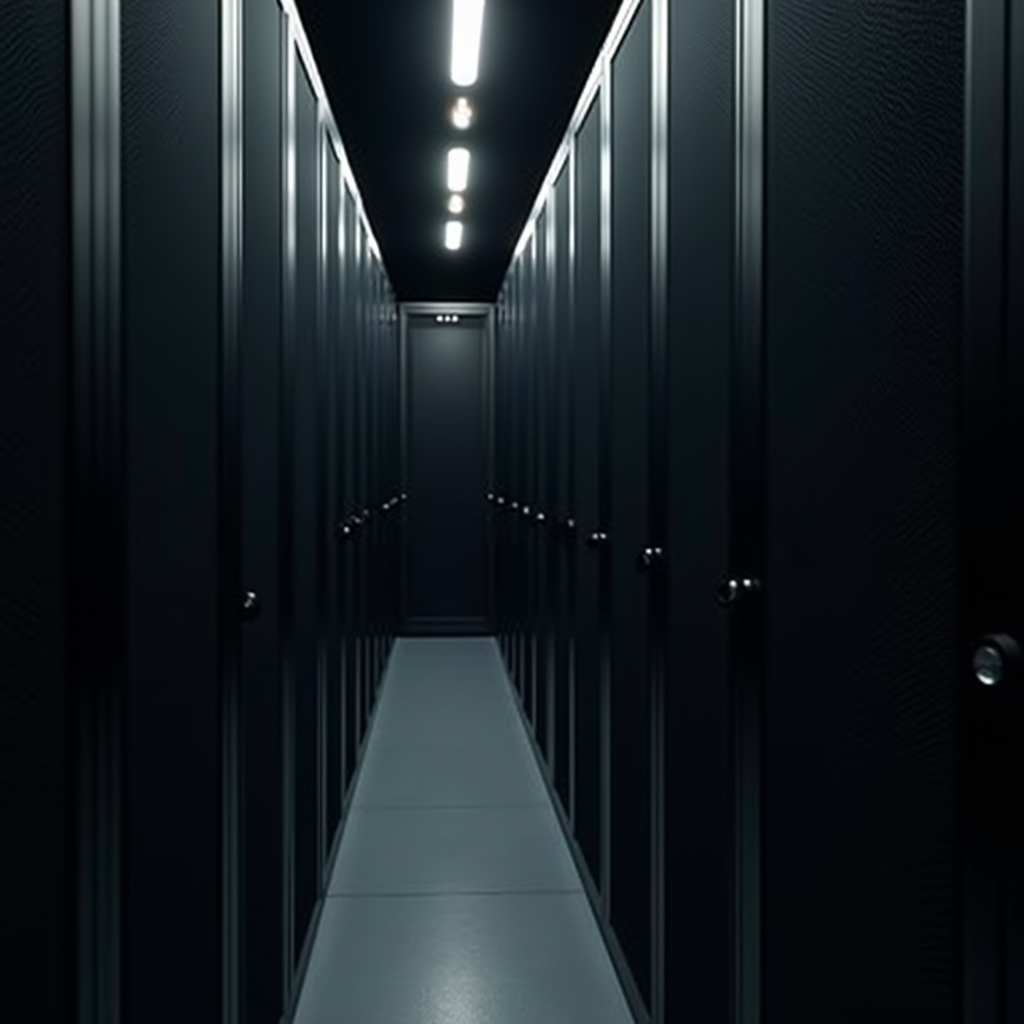 A dimly lit corridor of server racks in a data center.