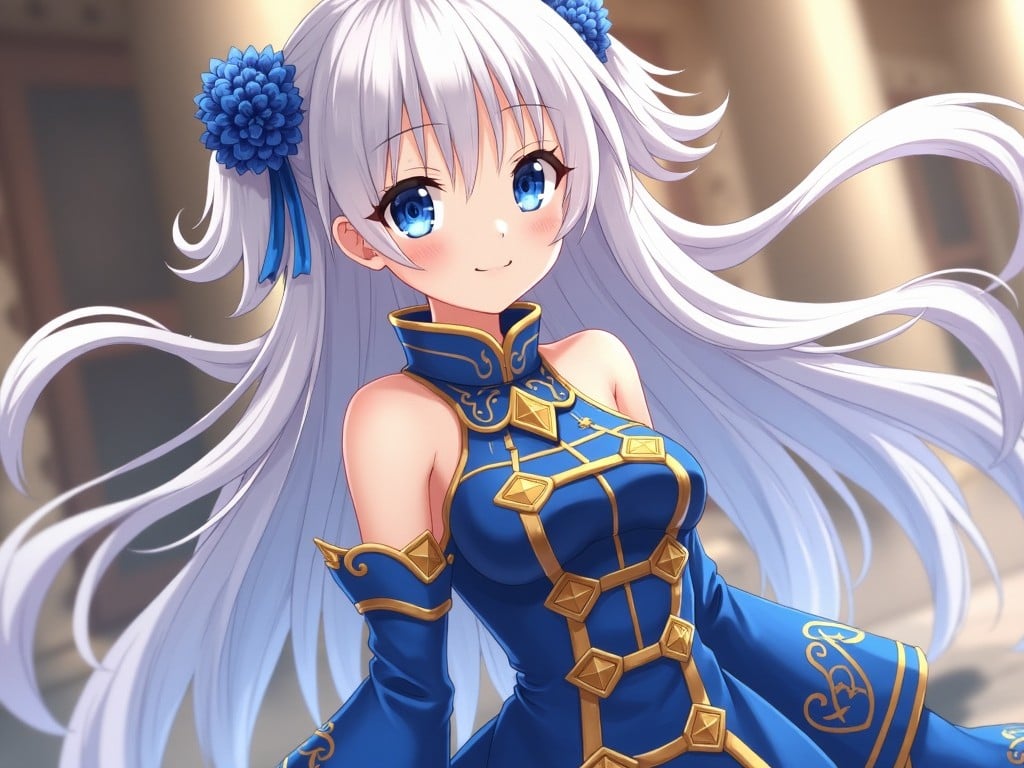 This image features an anime-style character with long, flowing silver hair and striking blue eyes. She is wearing an elaborate blue and gold outfit that gives her a regal appearance. The background suggests an elegant urban setting with hints of architecture. The character has a playful and confident expression. The light falling on her adds to the overall enchanting atmosphere of the scene.