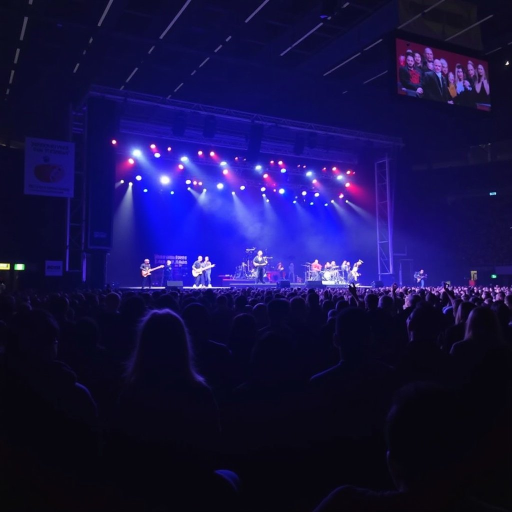 The image depicts a lively music concert in a large arena. The stage is illuminated with vibrant blue and red lights that add excitement to the atmosphere. A band is actively performing, engaging the crowd with their music. In the foreground, a vast audience watches with anticipation, highlighting the energy of live performances. The overall setting conveys the thrill and enthusiasm associated with live music events, making it a memorable experience for all.