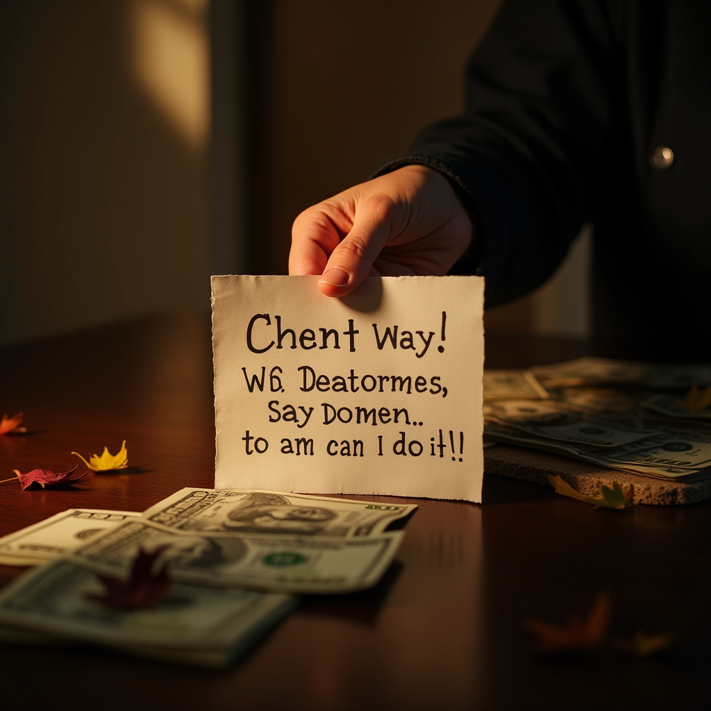 A person holds up a handwritten note with money and autumn leaves on the table.