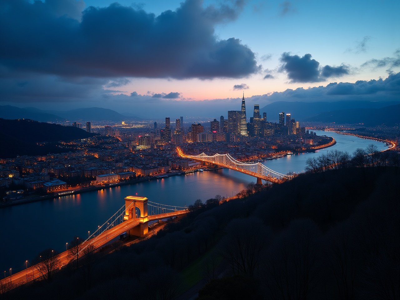 The image presents a breathtaking aerial view of a small city skyline at dusk. The scene is illuminated by numerous street lights, creating a vibrant atmosphere. A small bridge crosses over a river, enhancing the beauty of the urban landscape. The skyline is adorned with modern buildings, casting reflections on the water below. Soft clouds linger in the sky, adding depth to the evening scene. This picturesque setting captures the essence of a bustling city as night falls.