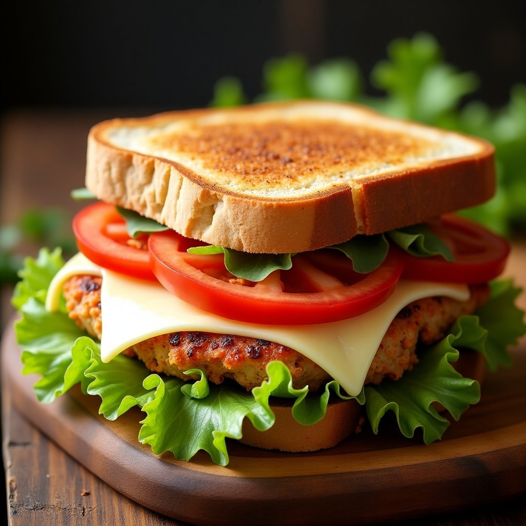 This image features a delicious chicken and white cheese toast sandwich placed on a wooden cutting board. The sandwich is made with layers of fresh iceberg lettuce, ripe tomato slices, and melted white cheese, all nestled between two perfectly toasted slices of bread. The warm lighting accentuates the vibrant colors and textures of the sandwich, making it look appetizing and inviting. Fresh greens and tomatoes peek out, enhancing the visual appeal. This sandwich is perfect for a quick lunch or a hearty snack any time of the day.