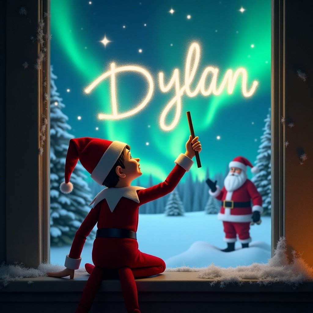 The image features an elf on the shelf, positioned with his back to the viewer, gazing up at a magical winter scene. He holds a wand, using it to write the name 'Dylan' in glowing light. In the background, Santa Claus can be seen amid a snow-covered landscape. The sky is illuminated by vibrant northern lights, adding a whimsical touch to the atmosphere. The window frame suggests a cozy indoor setting for this festive portrait. Snowflakes can be seen in the foreground, enhancing the holiday magic.