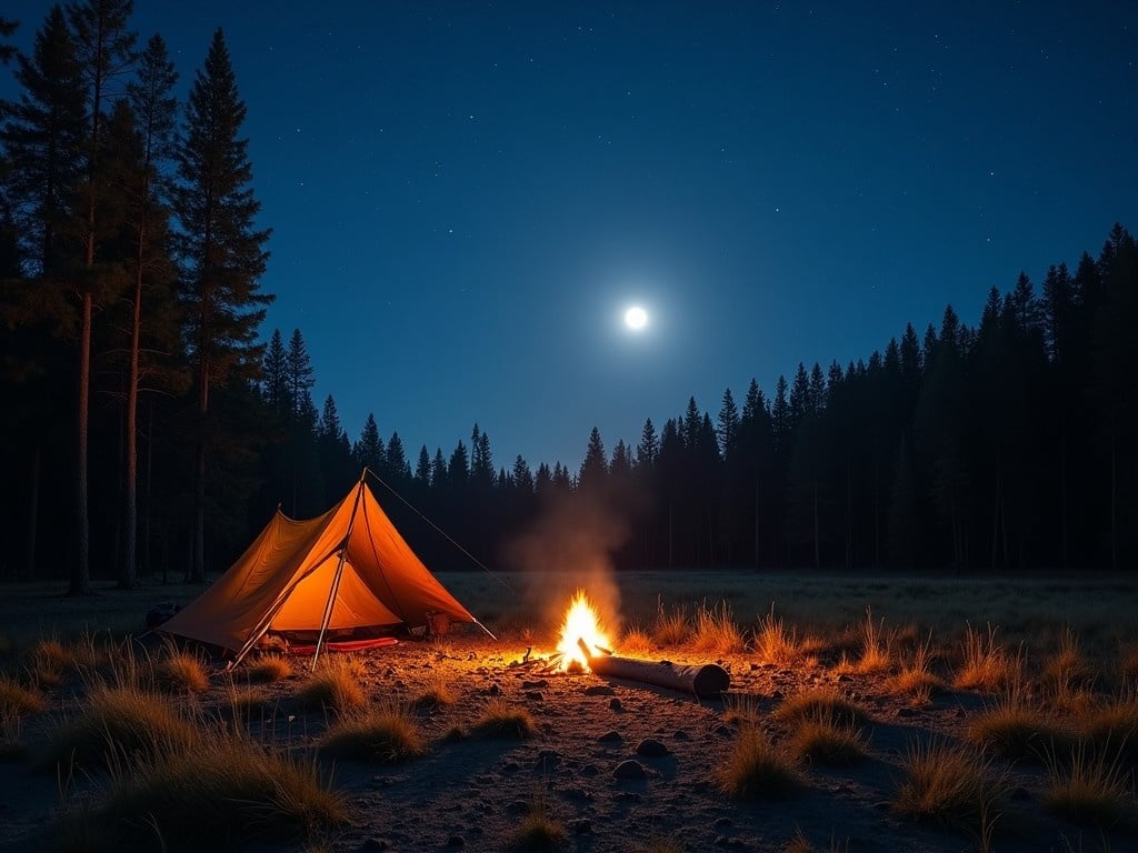 A far away shot of a tranquil camping scene at night in a secluded clearing. There is a warm, glowing campfire providing light. A tarp shelter is set up, softly illuminated from within. Above is a bright full moon surrounded by a star-filled sky. Tall trees surround the campsite, creating a serene ambiance. A log is placed close to the campfire, adding to the rustic charm of the scene.