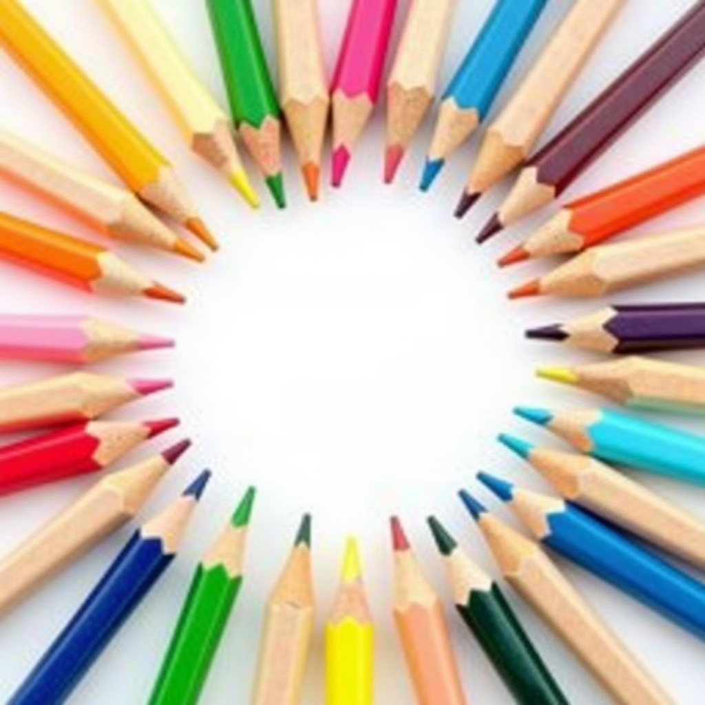 A circle of vibrantly colored pencils with their tips pointing toward an empty white center.