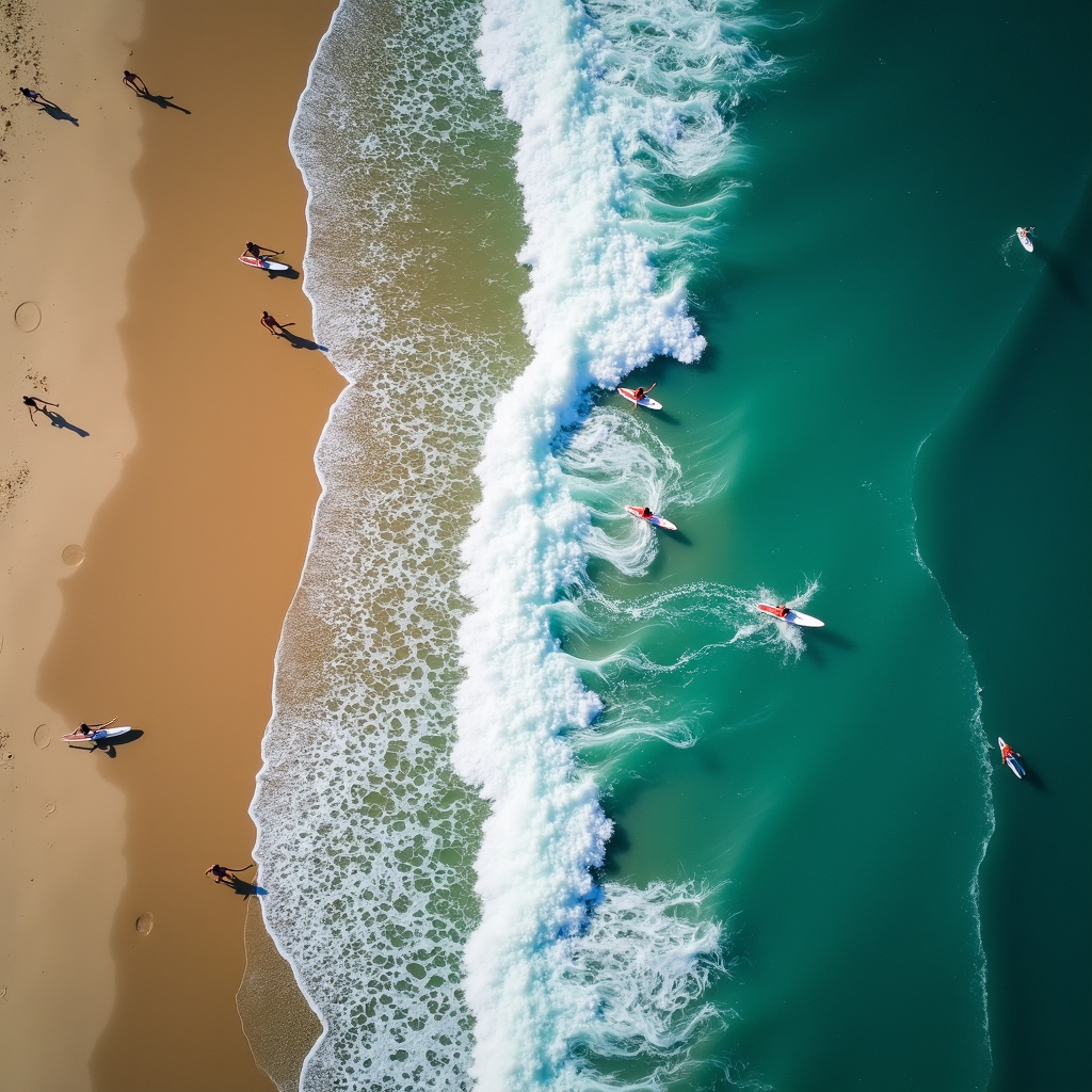 Aerial view of surfers riding turquoise waves as they approach a sandy beach under a clear blue sky.