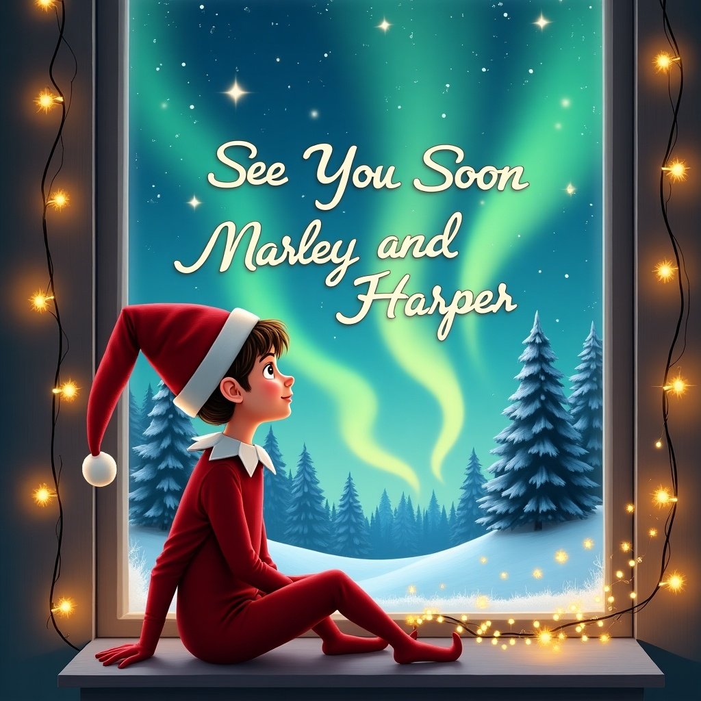 This illustration depicts an elf sitting by a window, gazing out at a magical display of northern lights. The elf is adorned in a classic red outfit, embodying traditional Christmas themes, and has a playful and curious expression. Above the enchanting scenery, the text 'See You Soon Marley and Harper' is elegantly crafted in the sky, adding a whimsical touch. Soft fairy lights frame the window, casting a warm glow in the room. In the background, serene snowy trees enhance the enchanting winter atmosphere, perfect for capturing the essence of holiday cheer and imagination.