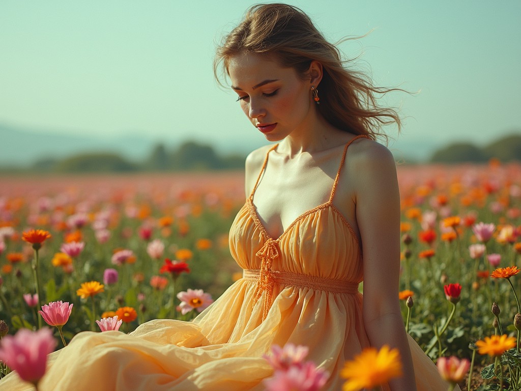 A serene scene captures a young woman in a flowing, light orange dress, seated amidst a vibrant floral field under soft sunlight. Her expression is contemplative, adding to the tranquility of this rural landscape. A gentle breeze tousles her hair, complementing the pastel hues around her.