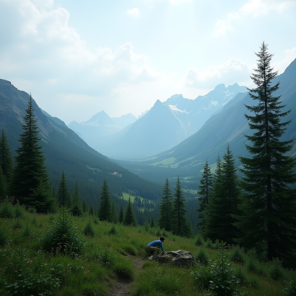 A person in a blue jacket crouches on a grassy hill surrounded by tall trees, overlooking a vast mountain valley.