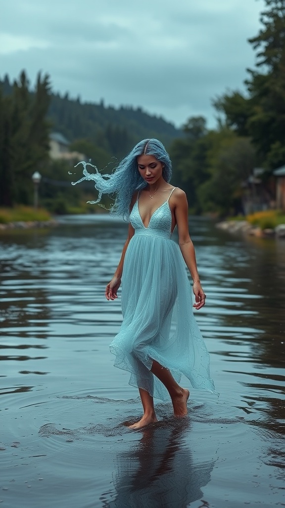 A serene scene captures a woman gracefully walking through a shallow river. She wears a flowing blue dress that matches her long blue hair, enhancing the tranquil ambiance. The setting is natural and peaceful, surrounded by lush green foliage and a hint of an overcast sky, suggesting a calm day in a remote location.