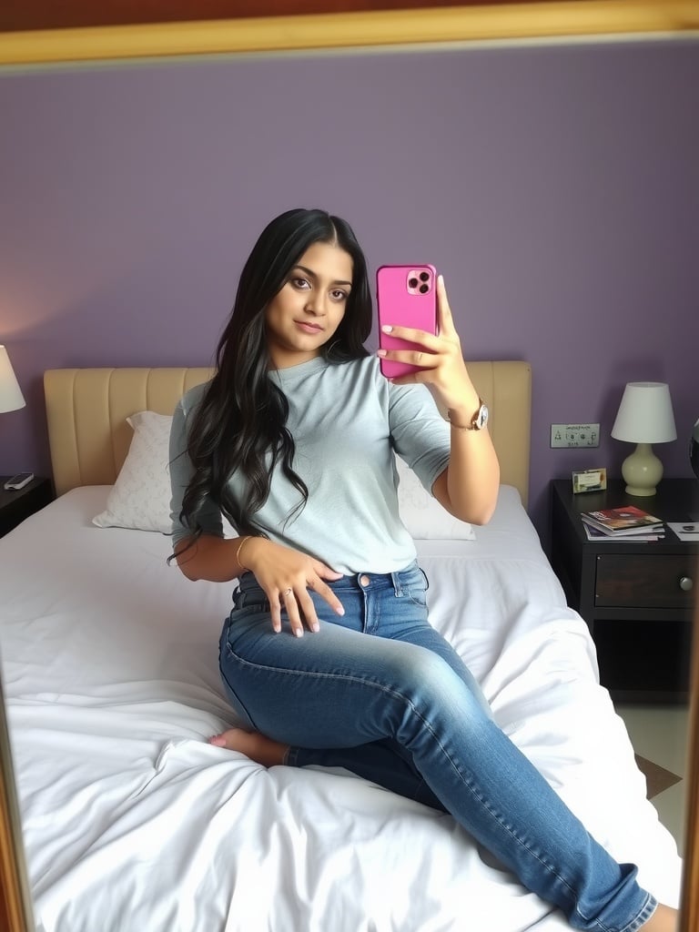 Woman taking a mirror selfie in a cozy bedroom setting.