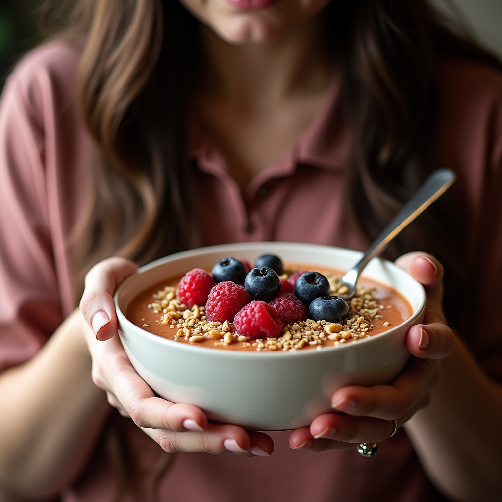 A person gently holds a bowl filled with a vibrant smoothie topped with fresh raspberries, blueberries, and granola.