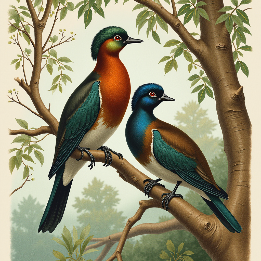 Two vibrantly colored pigeons are perched on a tree branch, surrounded by lush green leaves.