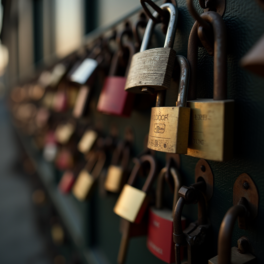 A close-up view of numerous padlocks attached to a dark metal fence, symbolizing love and commitment.