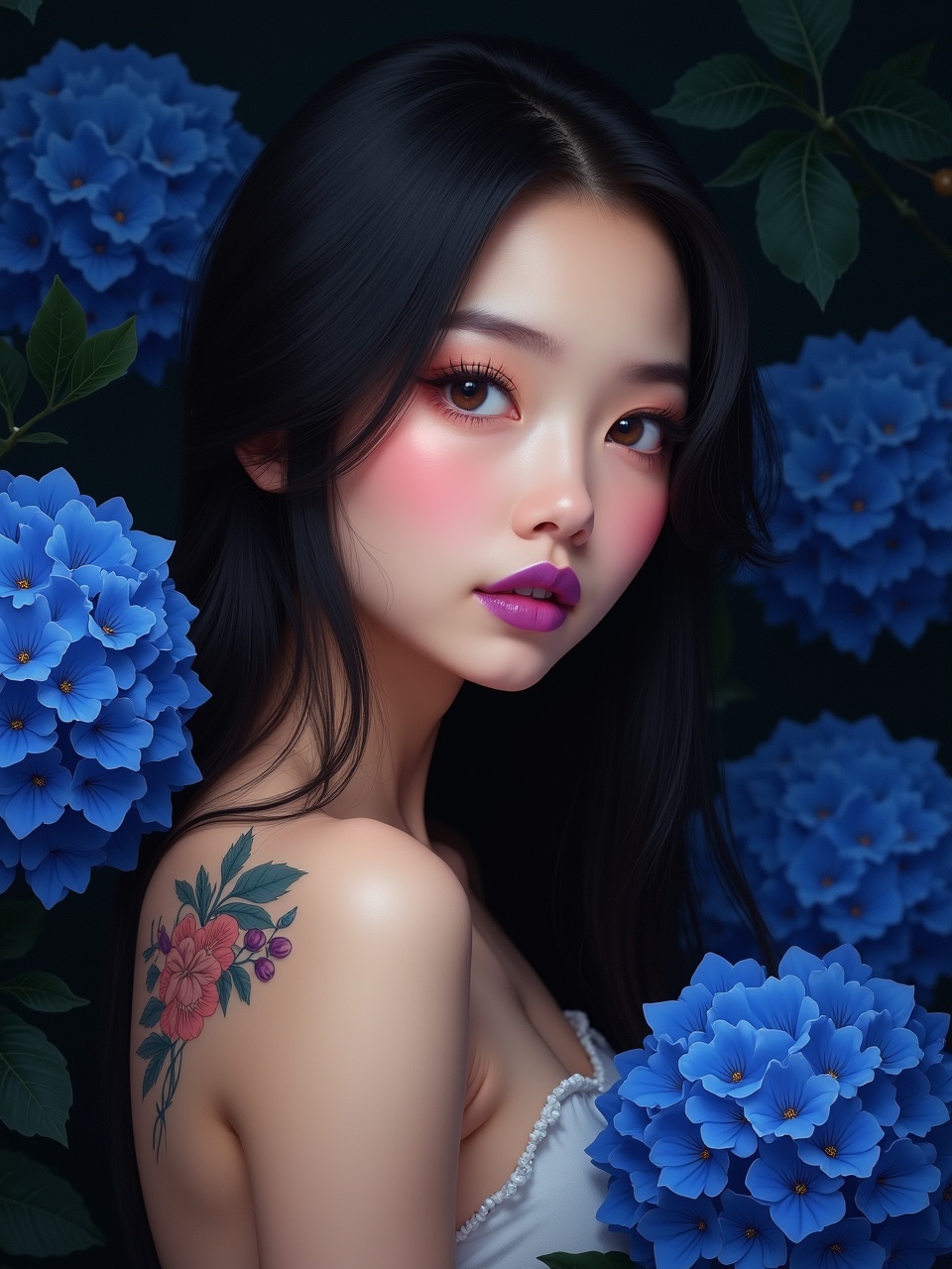 A portrait of an ethereal woman with flowing black hair surrounded by vibrant blue hydrangeas, featuring a floral tattoo on her shoulder, under soft, dreamy lighting.