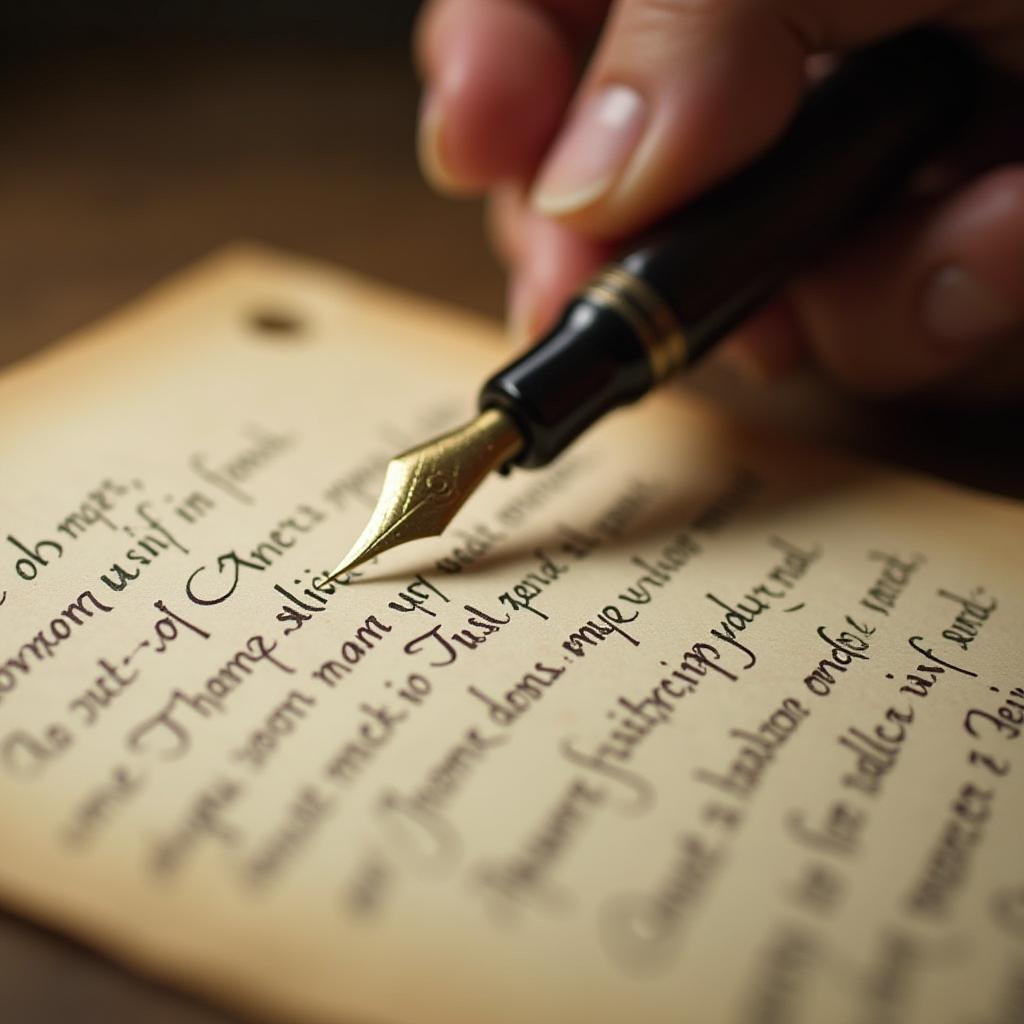 A hand elegantly writing calligraphy with a fountain pen on aged paper.