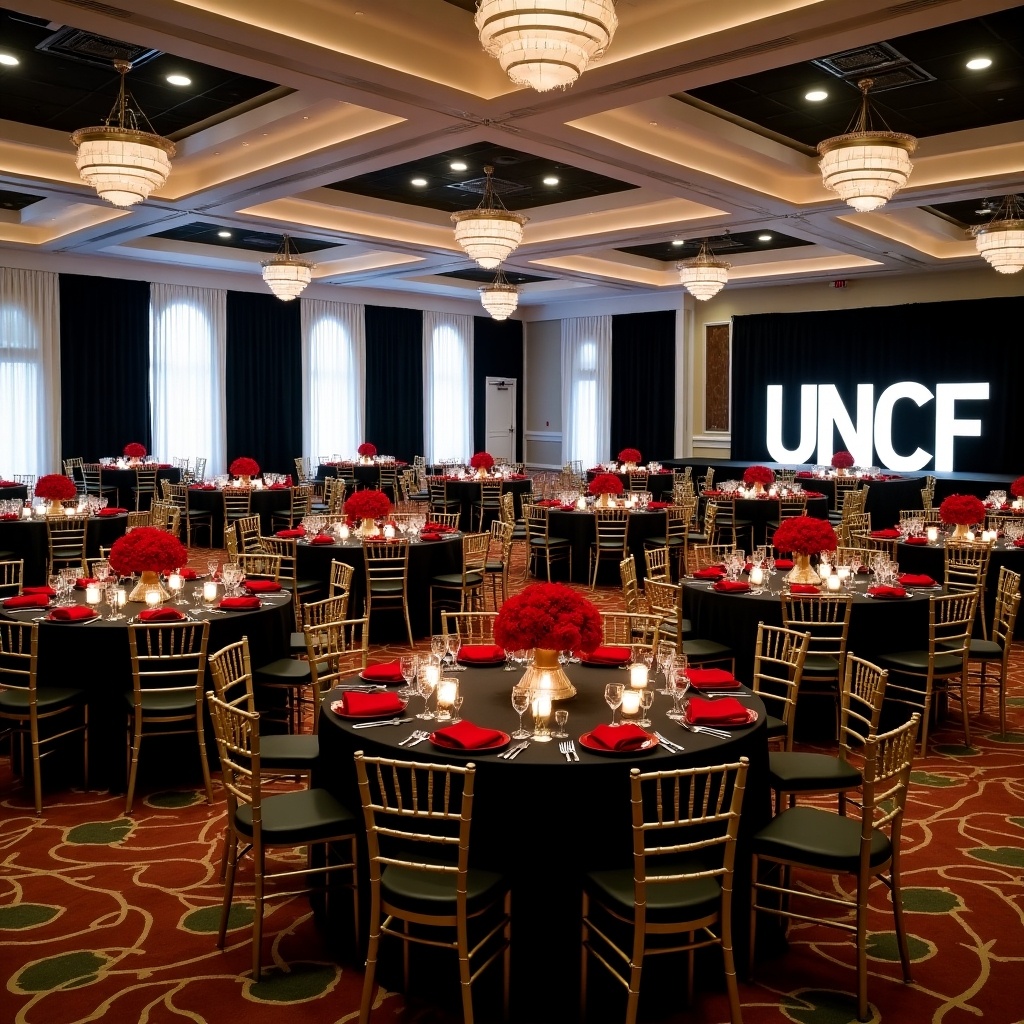 The image depicts a large, elegant banquet room decorated for an event hosted by UNCF. There are 50 round tables, each adorned with black table linens, red napkins, and stunning red rose centerpieces. The gold chiavari chairs add a touch of sophistication. Black and white photos of African American graduates are displayed on the black curtains, emphasizing the theme of education. A prominent stage features large, illuminated letters spelling out 'UNCF', standing five feet tall. The overall ambiance is warm and inviting, created by the elegant chandelier lighting.