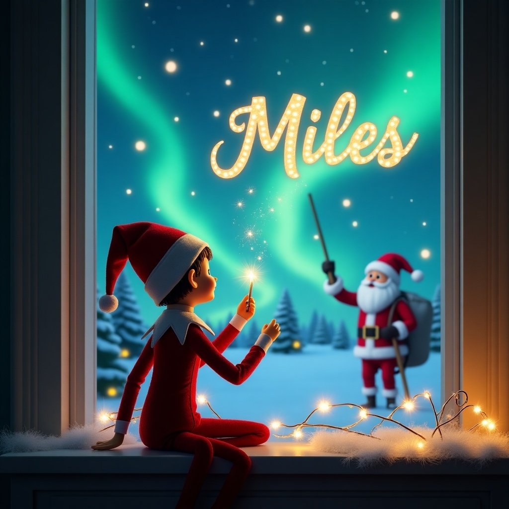 The image depicts an elf on the shelf with his back turned towards the viewer, sitting on a window ledge. He is gazing up at the night sky, wielding a wand that sparkles as he writes the name 'Miles' in elegant lettering. The background features a stunning Christmas scene with vibrant northern lights shining overhead and Santa Claus standing cheerfully in the snow. Glowing fairy lights adorn the window sill, adding to the whimsical atmosphere. This enchanting image captures the magic of Christmas festivities, inviting feelings of joy and wonder.