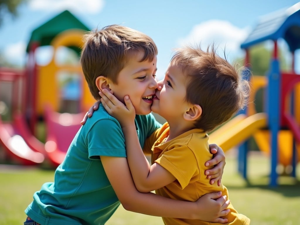 This image captures a heartwarming moment between two little boys playfully kissing each other on the lips. They are in a colorful playground, surrounded by slides and other play equipment. The boys display joyful expressions, showcasing their innocence and affection. Bright sunlight enhances the vibrant colors of the background and highlights their playful mood. This scene perfectly represents childhood friendship and love in a carefree environment.