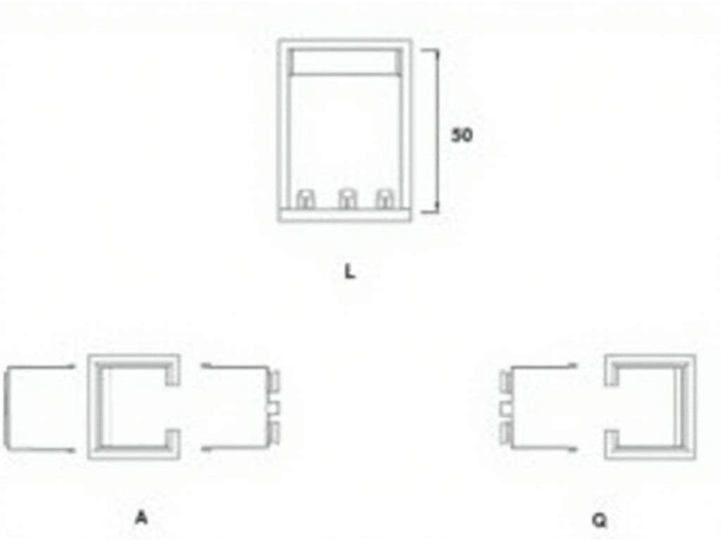 This technical drawing represents a rectangular section with notches. The front view shows a height of 30 units and a width of 50 units, highlighting 10x10 notches on each side. The top view maintains the same width of 50 units and a depth that includes the notches. The side view reflects a height of 30 units and a depth of 50 units, showcasing the notches as protrusions. This illustration can be utilized in engineering and architectural contexts for precise representation of specifications.