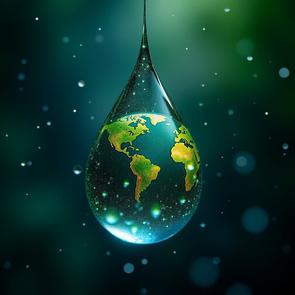 A stunning blue raindrop contains a vivid depiction of the Earth. This globe showcases green continents and is surrounded by glittering droplets creating a beautiful galaxy effect. The background features a soft, dark ambiance which enhances the visual impact of the droplet. The overall image symbolizes the connection between water and the planet. It's a thought-provoking representation of environmental themes.