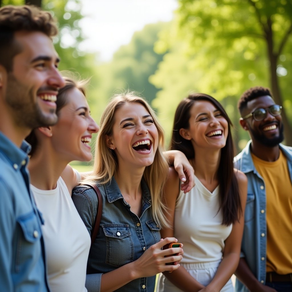 The image depicts a group of six friends enjoying a sunny day in a park. They are all smiling and laughing, showcasing their joyful interaction. Their clothing is casual and laid-back, complementing the relaxed atmosphere. The background features lush green trees that enhance the cheerful vibe. This captures a moment of friendship and happiness, making it relatable and uplifting for viewers.