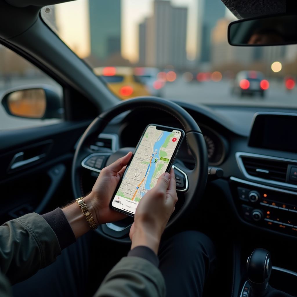 A person inside a car using a smartphone map app for navigation in a city.