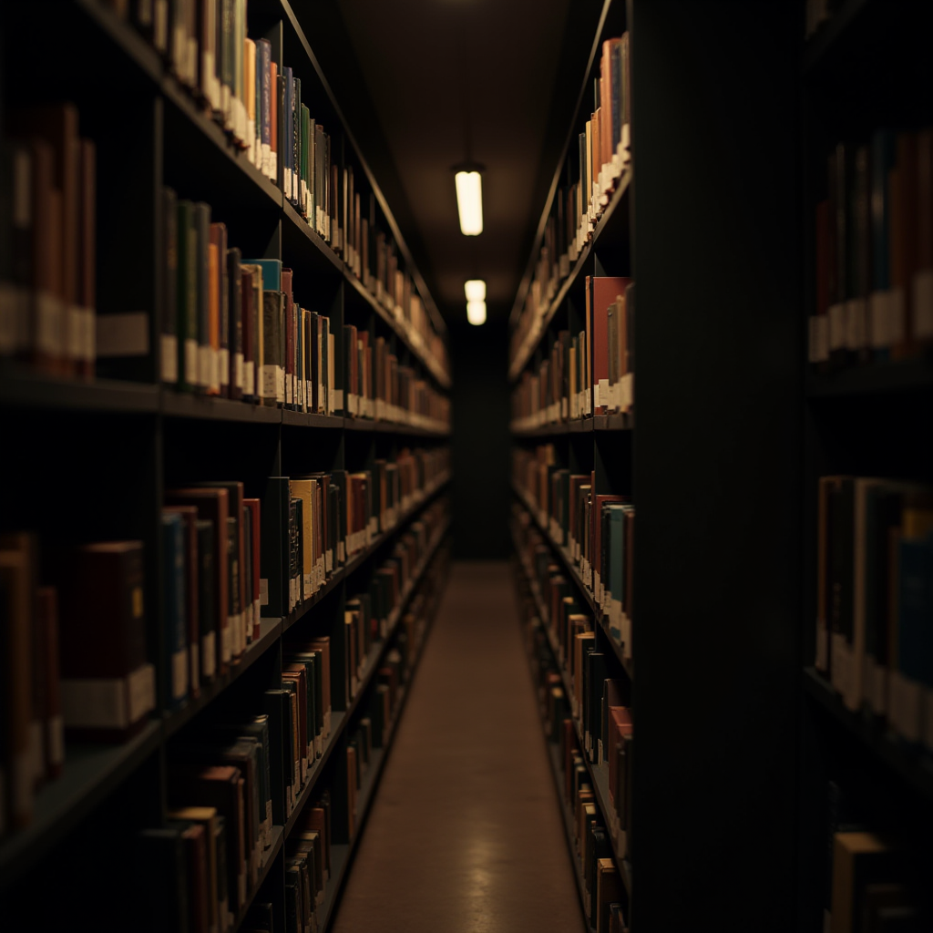 A dimly lit library aisle lined with books on either side, creating a sense of depth and quiet solitude.