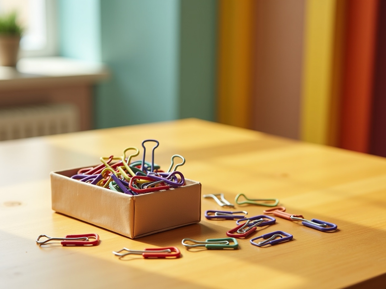 A product photography setup showcasing a box of colorful paperclips in a Scandinavian style. The scene features bright and colorful wooden interiors, creating a warm and inviting atmosphere. The box of paperclips is placed neatly on a wooden table, with soft lighting that highlights the colors of the clips. Various colored paperclips in shades of yellow, purple, red, and green are scattered elegantly around the box. The overall composition emphasizes simplicity and functionality typical of Scandinavian design.