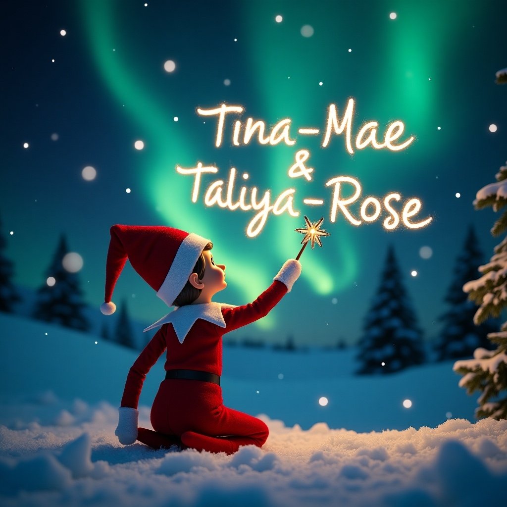 This image captures a charming scene featuring a girl elf on the shelf. The elf is dressed in a classic red outfit and is positioned with its back to the viewer. It gazes upwards towards a captivating sky illuminated by vibrant northern lights. In one hand, the elf holds a magic wand, which it uses to elegantly write the names Tina-Mae and Taliya-Rose in sparkling letters above. The snowy ground enhances the serene and magical atmosphere of this holiday moment.