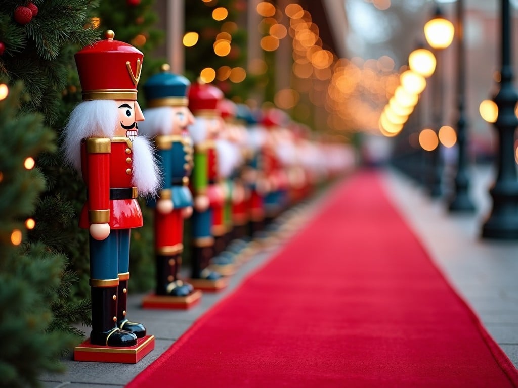 The image captures a festive scene featuring colorful nutcracker figurines lined up along a vibrant red carpet. The background is adorned with sparkling holiday lights, enhancing the cheerful atmosphere. This setting is perfect for a holiday event or celebration, evoking feelings of joy and nostalgia. The nutcrackers, dressed in traditional military attire, add a charming and whimsical touch. Overall, the composition signifies a special holiday moment, inviting viewers to partake in the seasonal festivities.