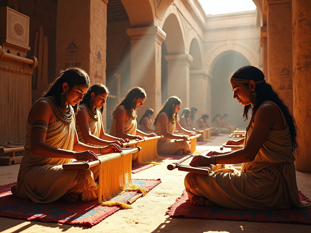 The scene captures several women in ancient garments engaged in the art of weaving. They sit in a spacious room with grand architecture, creating textiles on looms. Soft rays of sunlight illuminate the space, highlighting their focused expressions and intricate work. The environment feels warm and inviting, reflecting a cultural tradition of craftsmanship. This image transports viewers to a time where textile production was vital to society, showcasing the skill and creativity of these artisans.