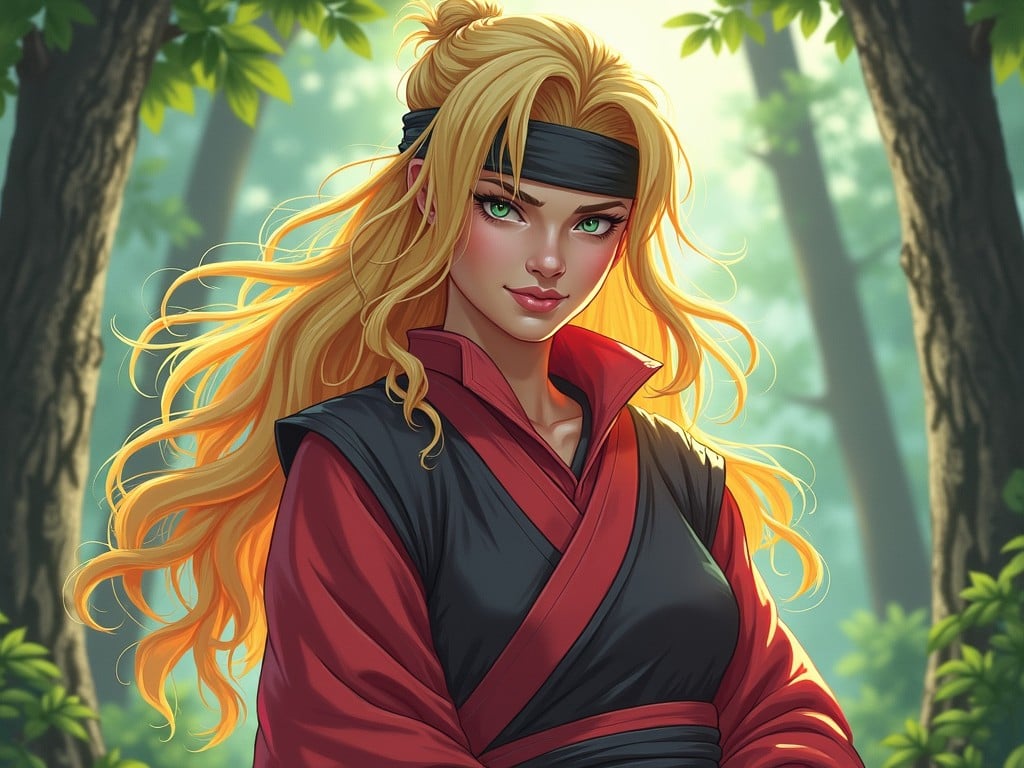 This illustration features a mysterious, confident warrior with long flowing blonde hair, set against a serene forest backdrop. Her attire includes a black and red outfit, complemented by a headband, adding to her enigmatic and powerful aura. The image is rich with vibrant colors and soft lighting, creating a mystical yet tranquil atmosphere.