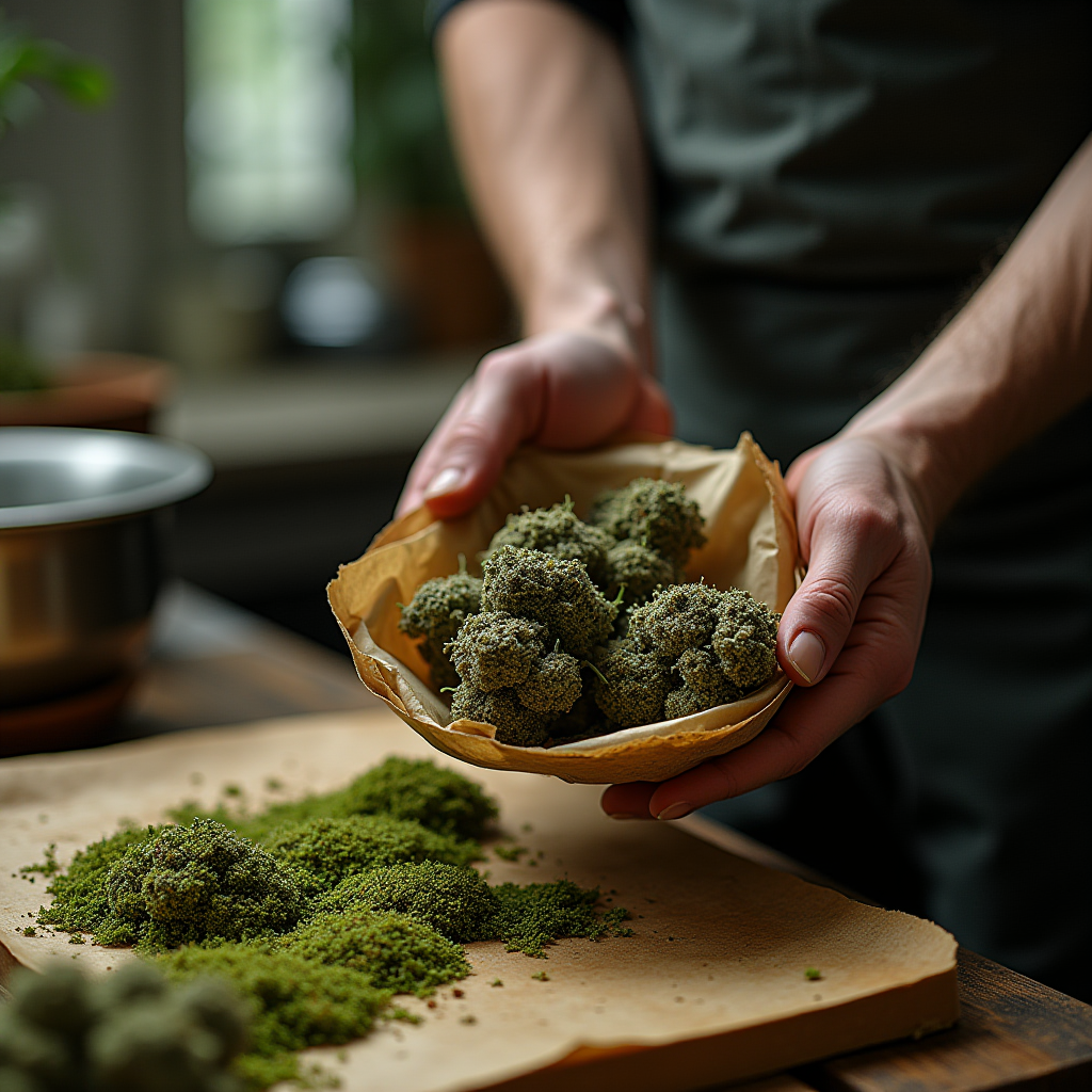 A person is holding a paper filled with green herb buds over a wooden table, surrounded by more herbs.