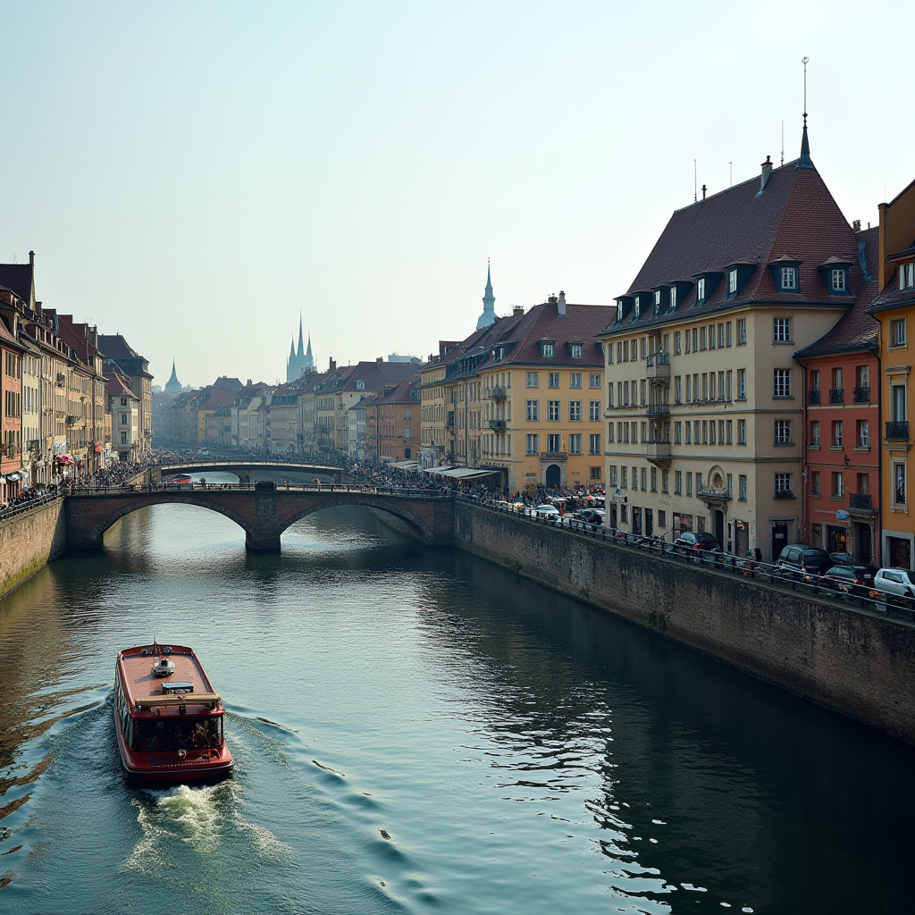 A picturesque canal scene with a red boat gliding under a stone bridge, set against a backdrop of charming European architecture.