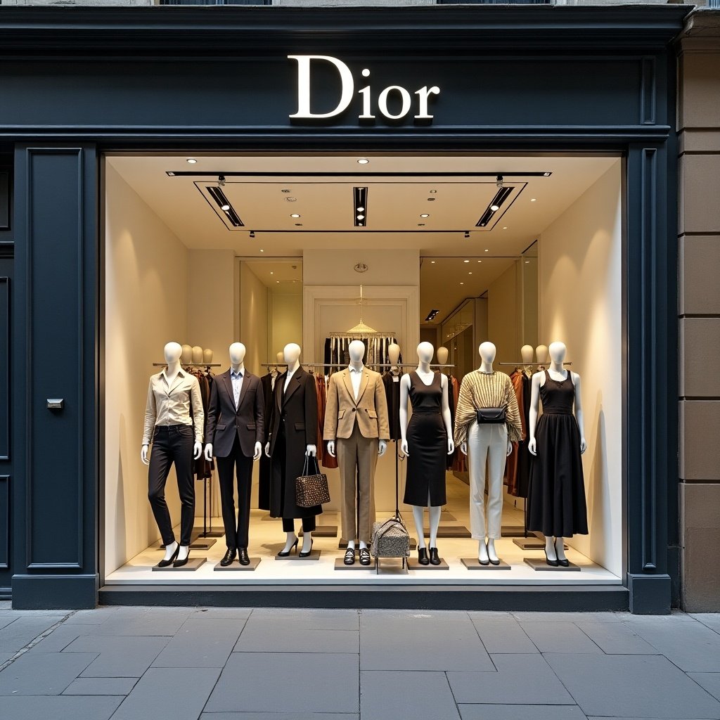 This image shows a stylish fashion store window featuring an elegant arrangement of clothing under the Dior brand logo. The display showcases a variety of outfits, including formal wear and casual attire, presented on mannequins. The clean, modern design of the store draws attention to the high-end fashion collection. Each mannequin is dressed in stylish combinations, appealing to a sophisticated audience. The window is set against a chic city street, enhancing the luxurious feel of the Dior brand.