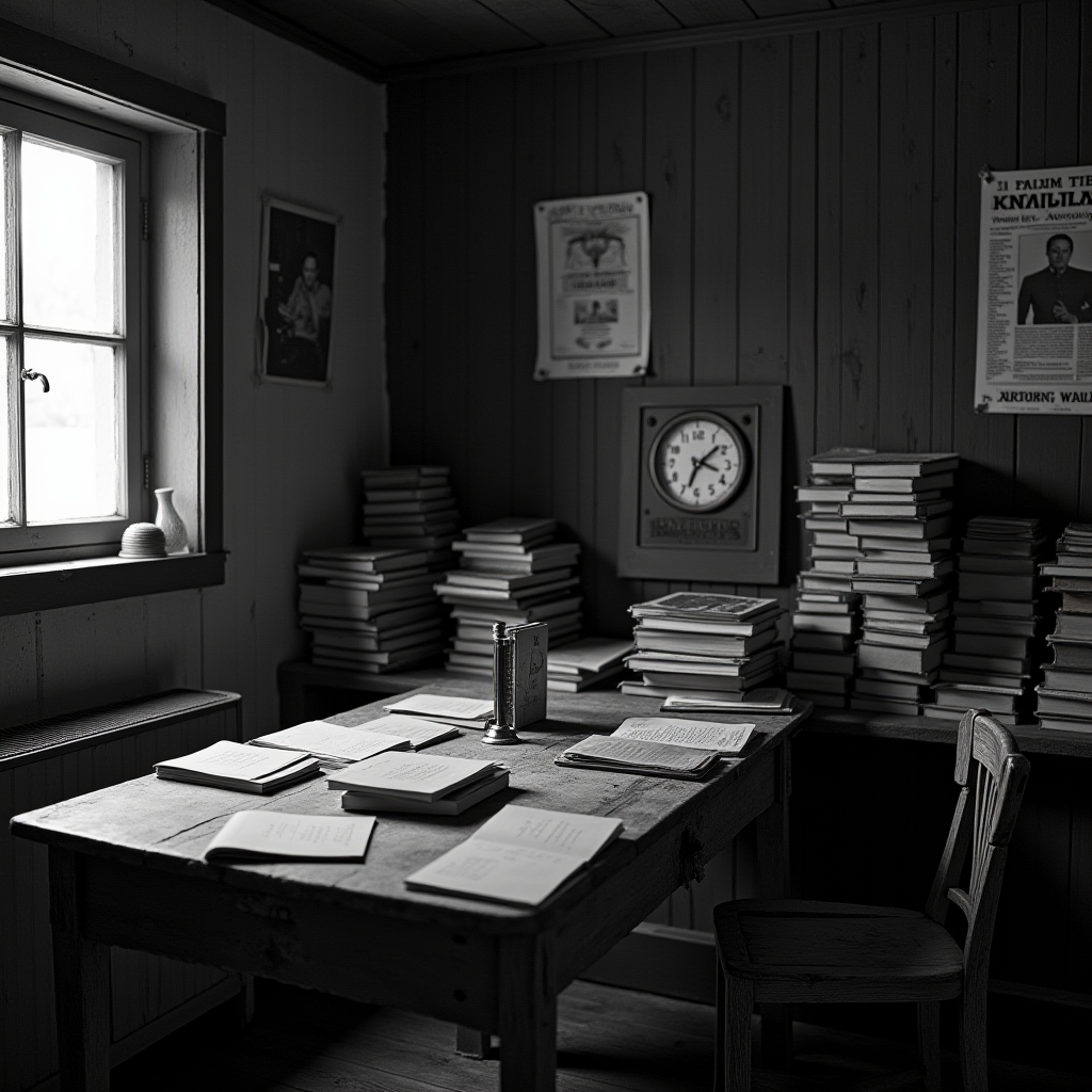 A vintage study room filled with piles of books, a clock, and a solitary chair.