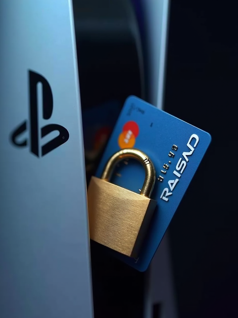 A credit card is secured with a padlock inserted into a PlayStation console.