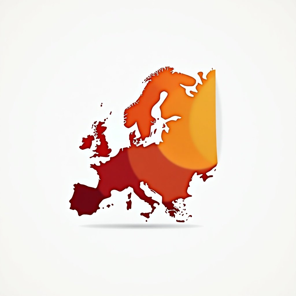 This image features an animated representation of Europe designed for use as a logo. The shape is outlined in a vibrant gradient of red and orange, suggesting warmth and creativity. A prominent sun element peeks from the right, adding a lively touch to the identity. The overall design is clean and minimalistic, making it suitable for modern branding. This design could represent an innovative approach to European identity in various branding contexts.