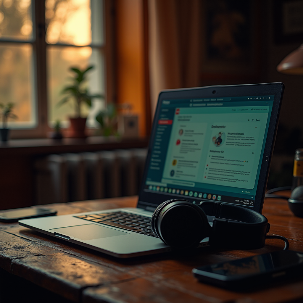 A laptop with headphones on a wooden desk near a window, backlit by a warm sunset.