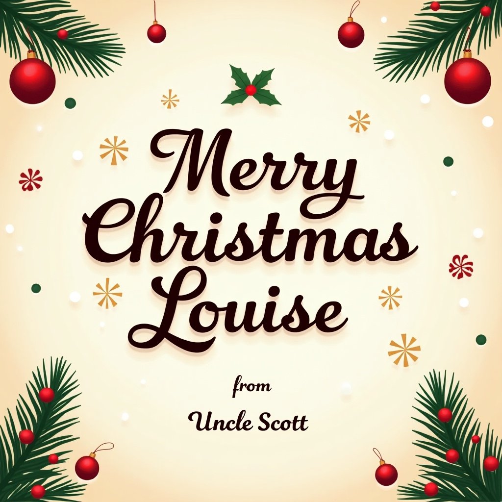 This image features a festive design meant for a Christmas greeting. The central text reads 'Merry Christmas Louise' in a stylized font, surrounded by holiday-themed decorations, including red baubles and green pine branches. The background is a soft cream color, enhancing the cheerful message. At the bottom, it mentions 'from Uncle Scott,' adding a personal touch. Overall, the design celebrates the joy of Christmas and personal connections.