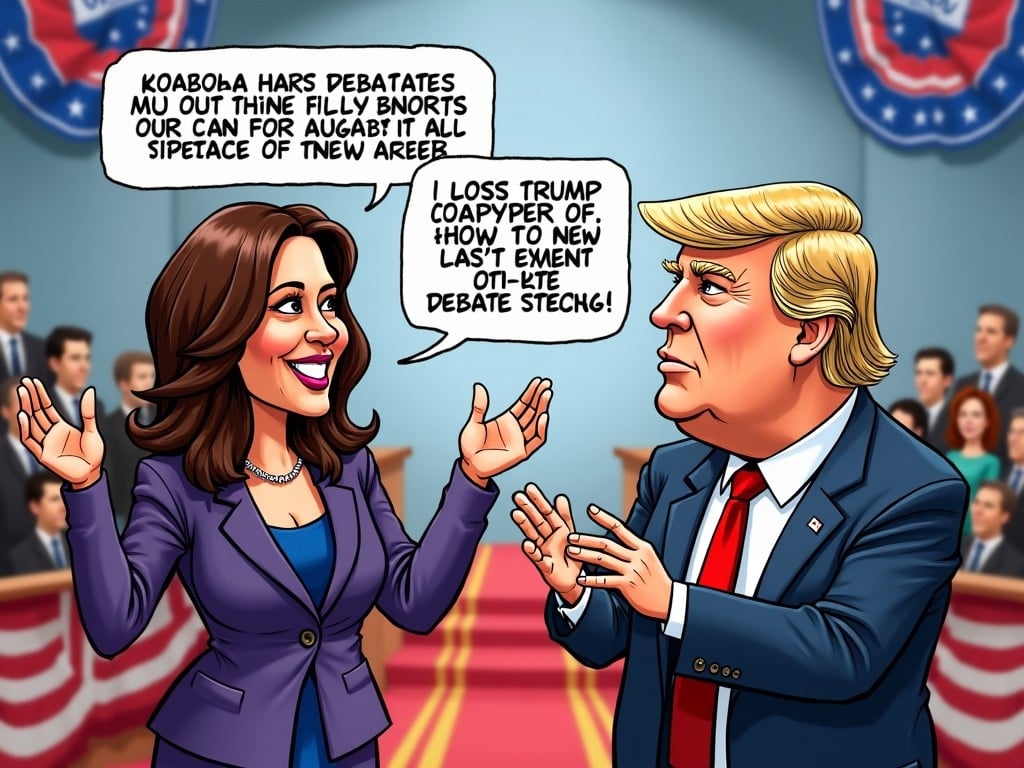 The image shows a political cartoon featuring Kamala Harris and Donald Trump in a debate setting. Kamala is smiling and gesturing as if speaking to Trump. Trump looks confused or frustrated, with a hand gesture that suggests he's disagreeing. The background includes a classic debate stage, complete with American flags and a cheering audience. Dialogue bubbles depict their interaction, providing exaggerated and humorous commentary. The overall mood is lighthearted, poking fun at the political debate atmosphere.