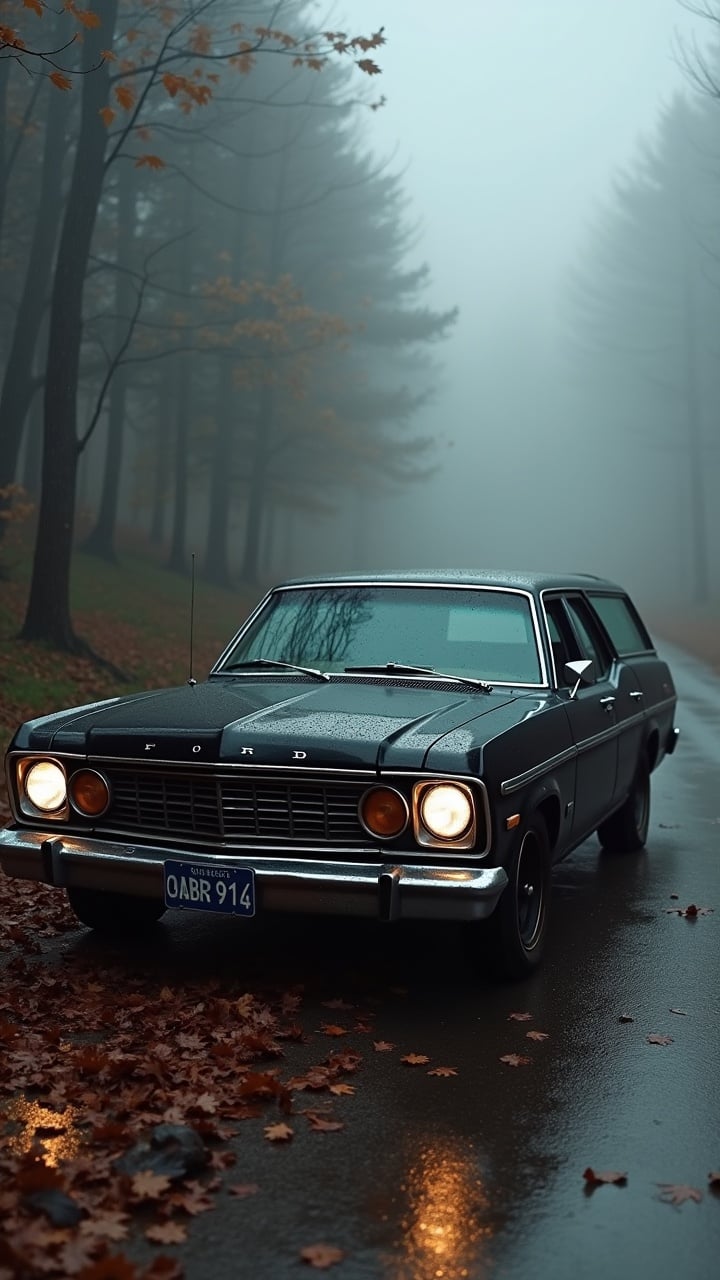 An old worn-out matte black Ford Gran Torino wagon from 1975 is parked on a damp road in a foggy forest during fall. The atmosphere is thick with mist, enhancing the vintage feel of the car. Dark trees line the road, and fallen leaves cover the ground, adding to the autumn vibe. The photograph captures the essence of nostalgia for classic cars. The car's matte black finish contrasts beautifully with the surrounding nature.